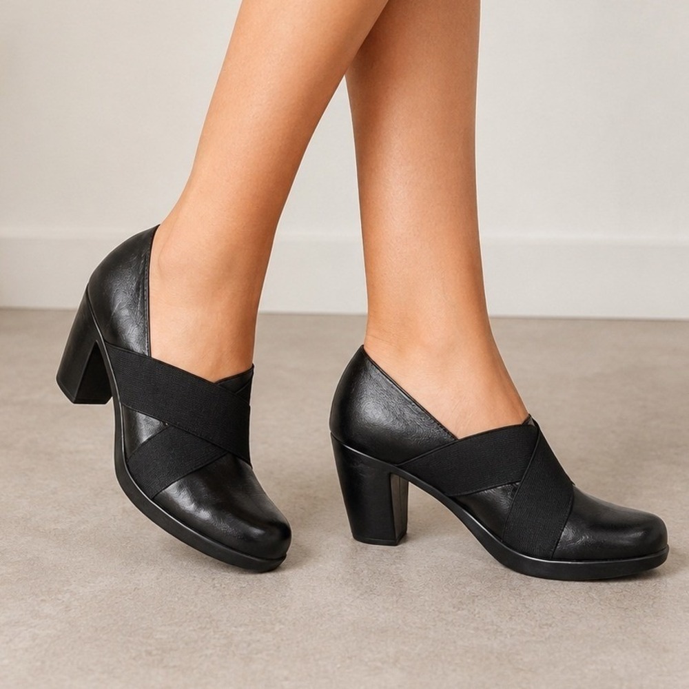 Dansko Black Leather Elastic Cross Strap Block Heel Pump Dark Academia Office 11